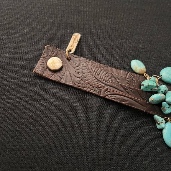 JENNY RABELL Turquoise Stone Charm, Hand Tooled Leather & Brass Adjustable Brace - Picture 7 of 14